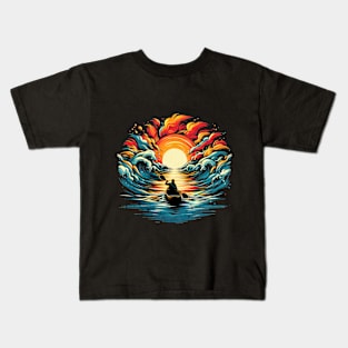 Vintage Sunset Canoeing Design Kids T-Shirt